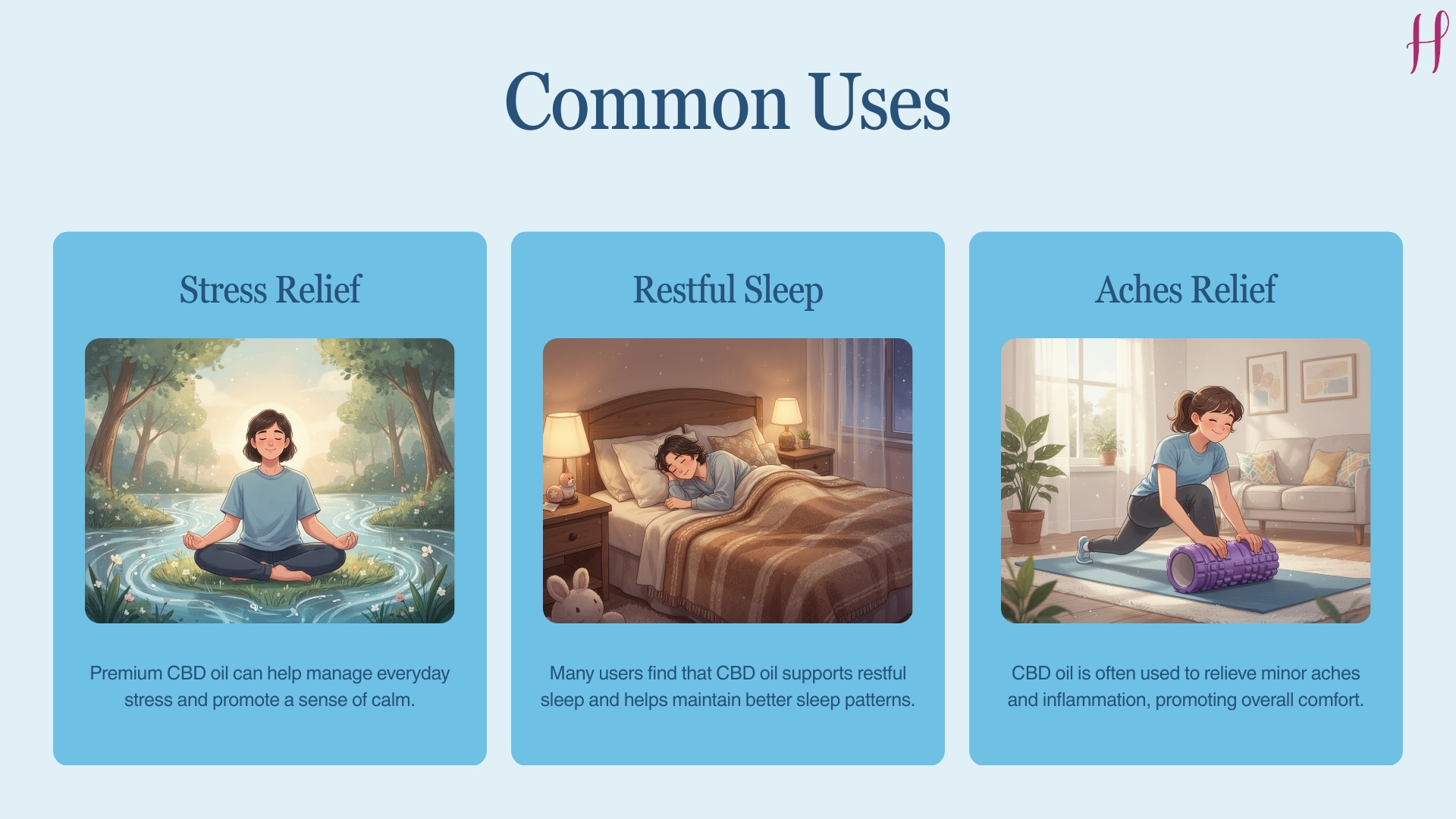 Three benefits of CBD oil: stress relief, better sleep, and overall balance.